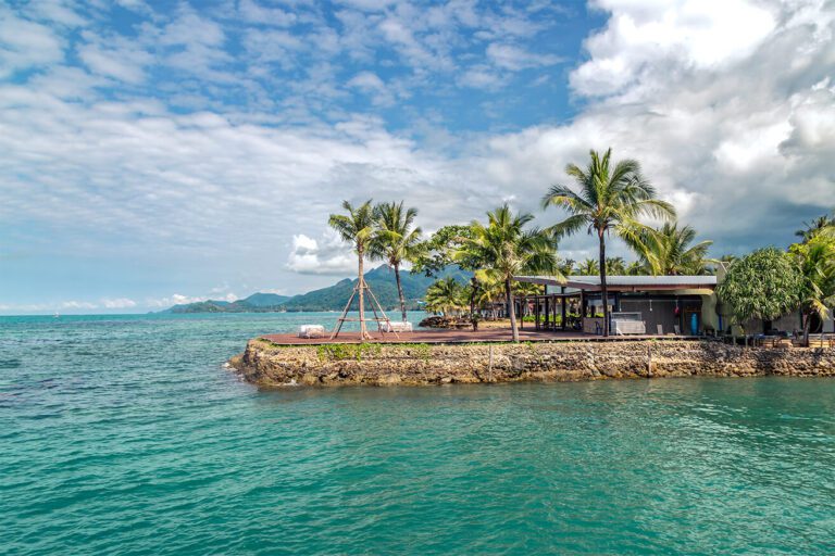 Turquoise ocean palm trees and mountain view