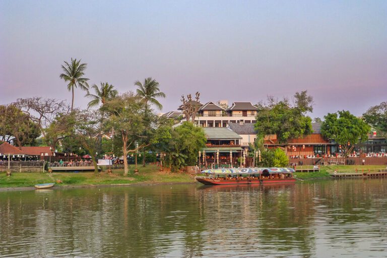 View of the river boat and palm trees