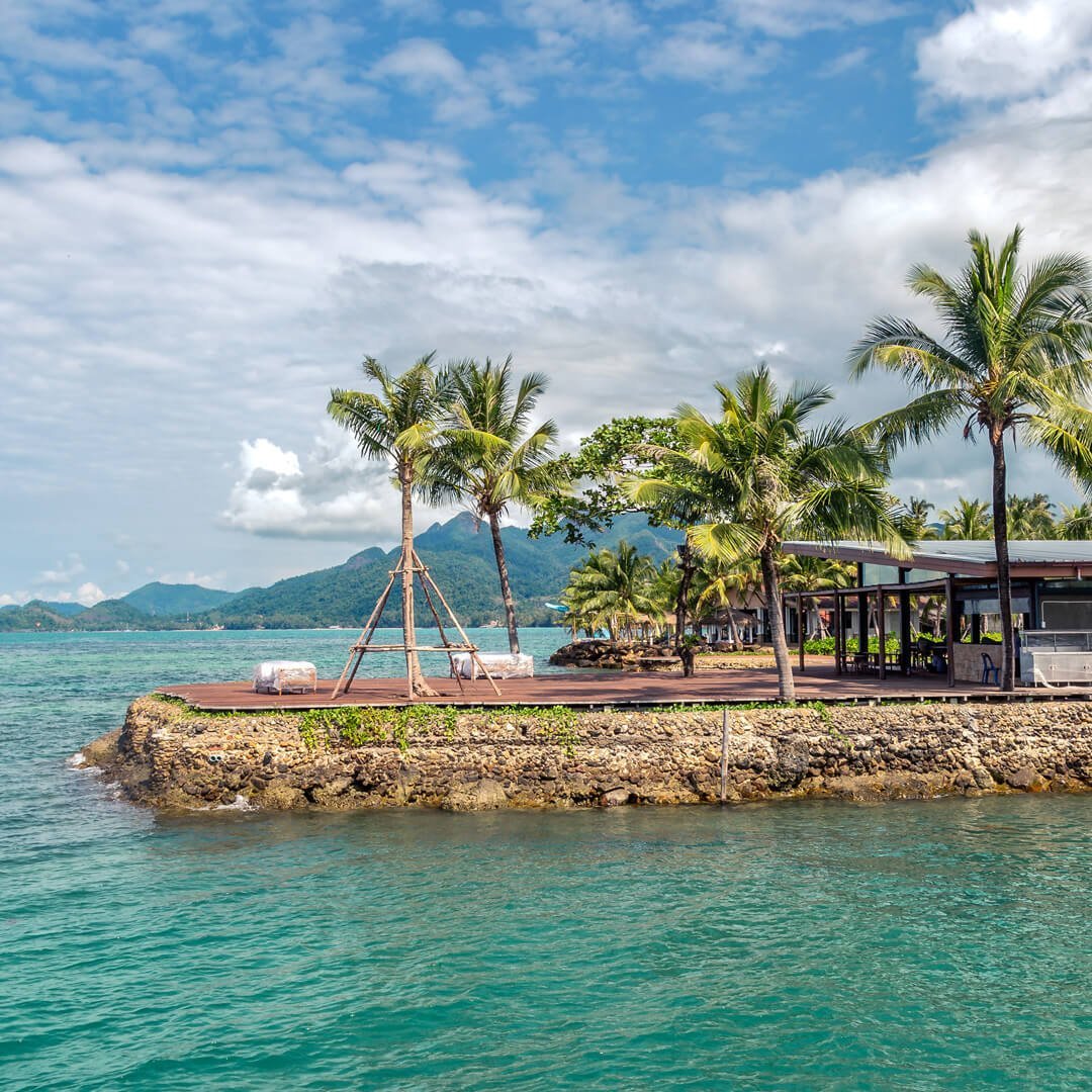 Turquoise ocean palm trees and mountain view